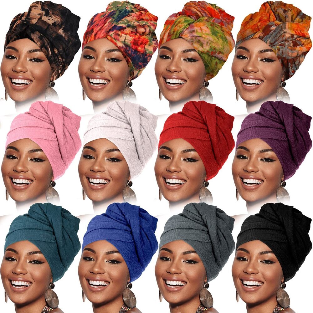 2150 12 Pieces Head Wraps for Turbans African Black Bulk Soft Hair Headband